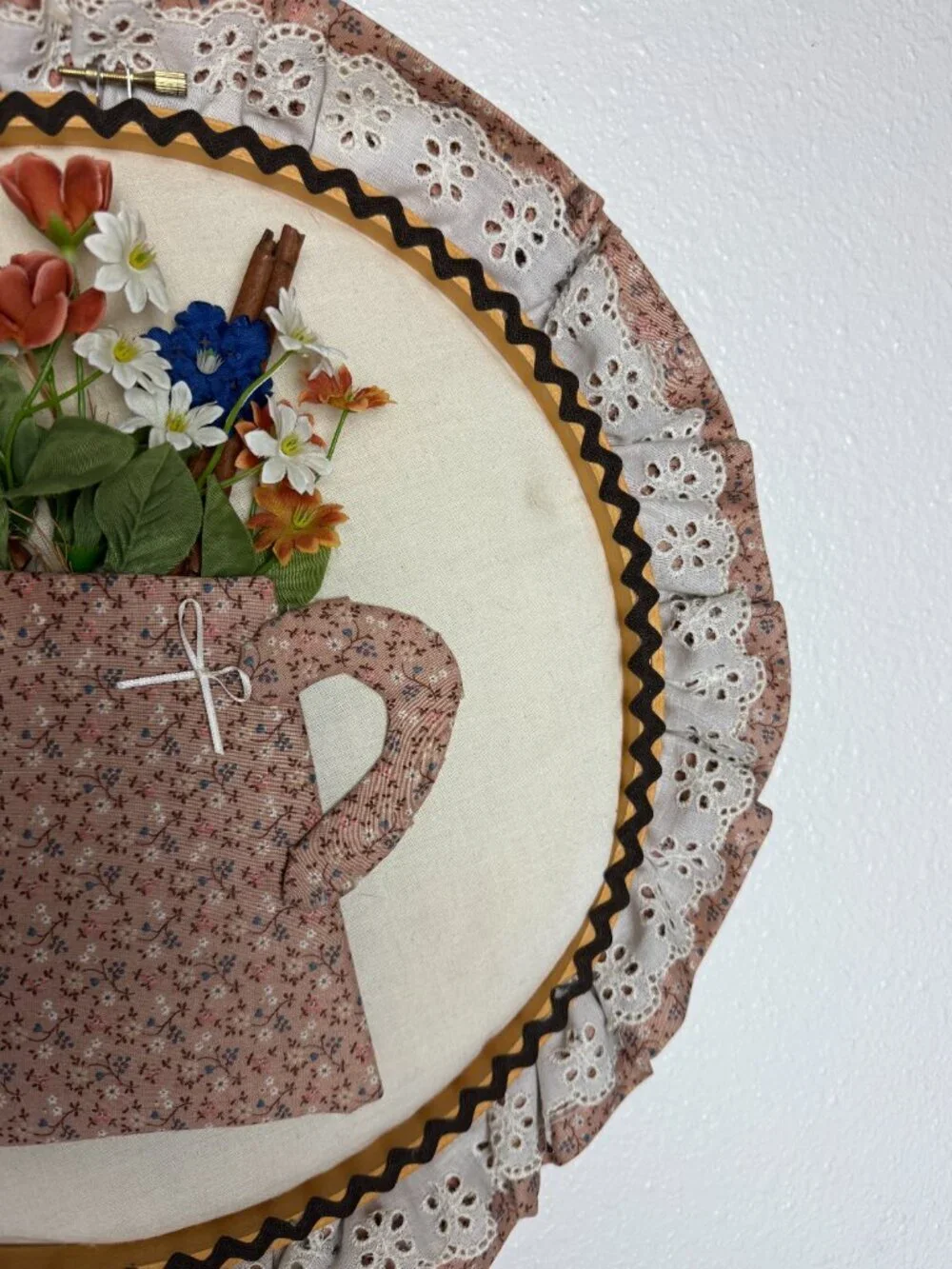 Vintage 70s Handmade Applique Hoop Wall Decor Floral Grandma Retro 16